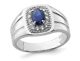 Mens 1.37 Carat (ctw) Oval Blue Sapphire and White Topaz Ring in Sterling Silver
